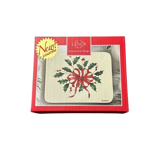 Lenox Holiday Coasters Set Of 6 With Holly & Bow Design - Picture 1 of 3